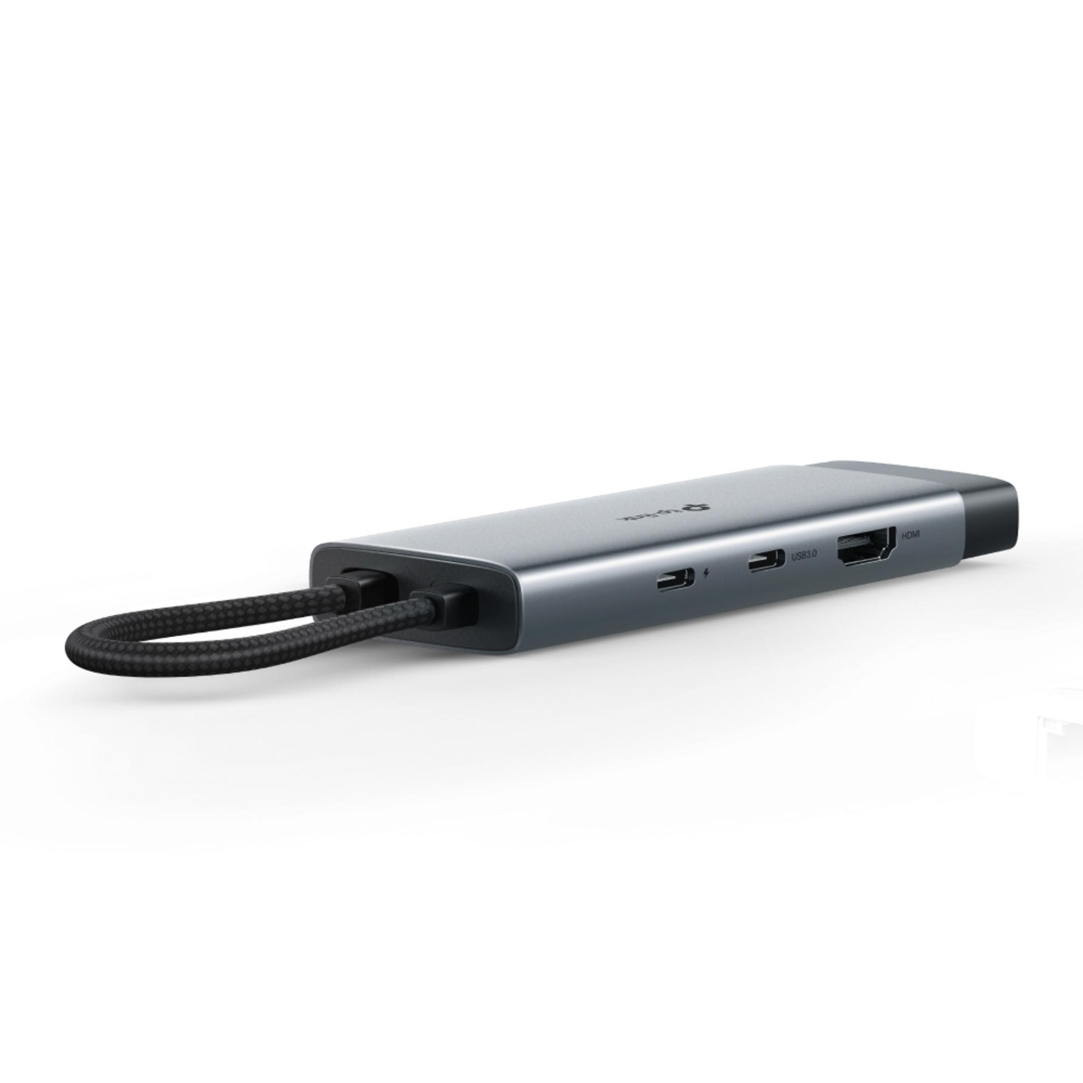 Grauer USB-C-Hub mit zwei Kabeln, einem USB-A- und einem HDMI-Anschluss.