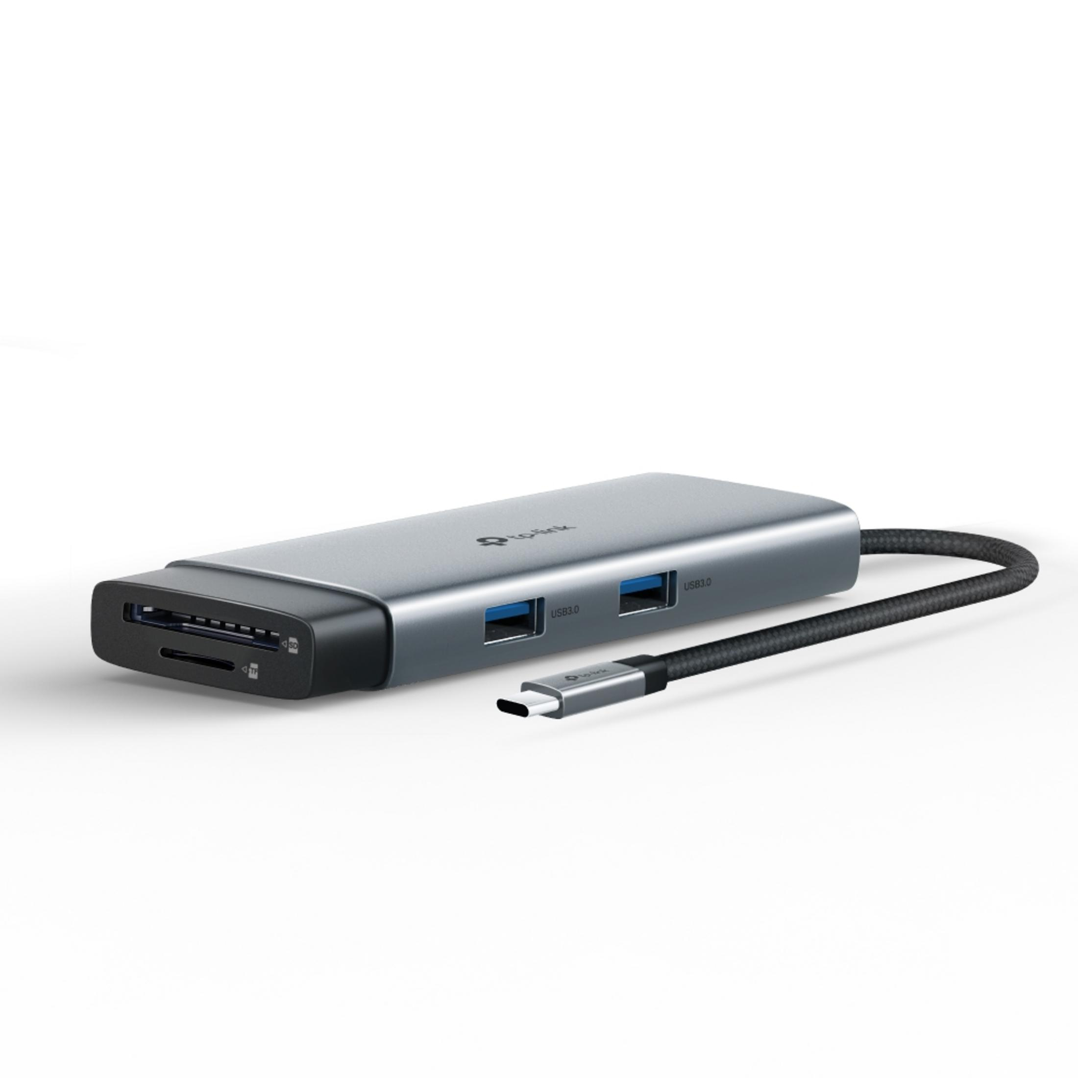 Ein silberner USB-C-Hub mit SD/TF-Kartensteckplätzen und zwei USB 3.0-Anschlüssen.