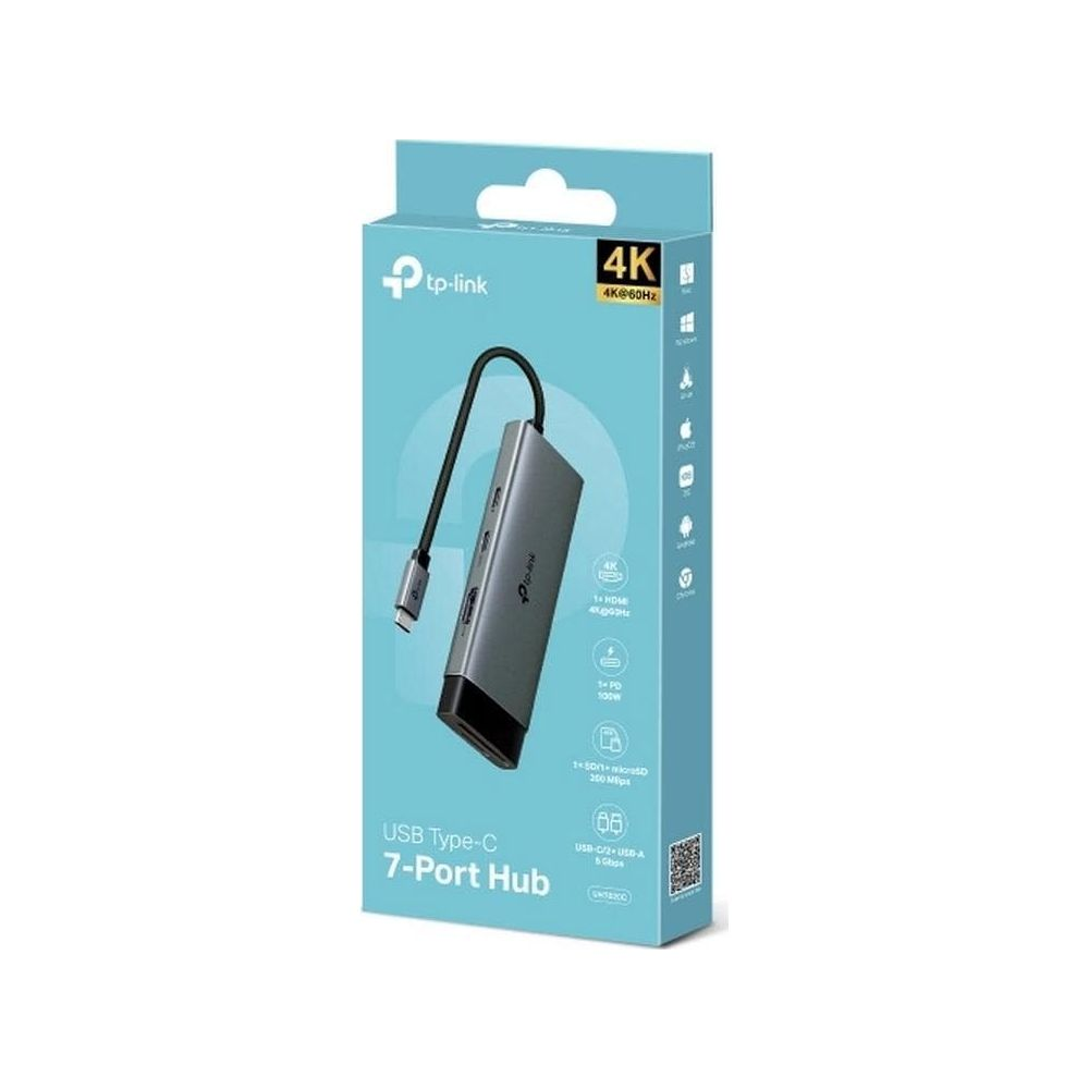 TP-Link 7-Port USB-C Hub mit 4K HDMI, 100W PD, SD/microSD und USB-A Anschlüssen.