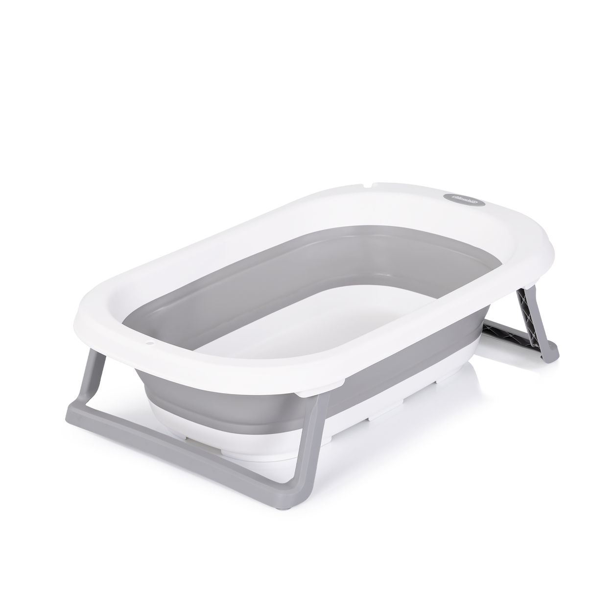 Ein zusammenklappbarer weißer und grauer Babybadewanne mit Beinen.