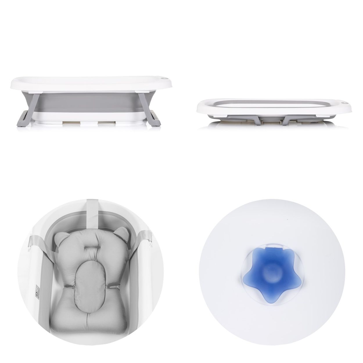 Zusammenklappbare Babybadewanne mit grauem Kissen u. blauem Stöpsel.