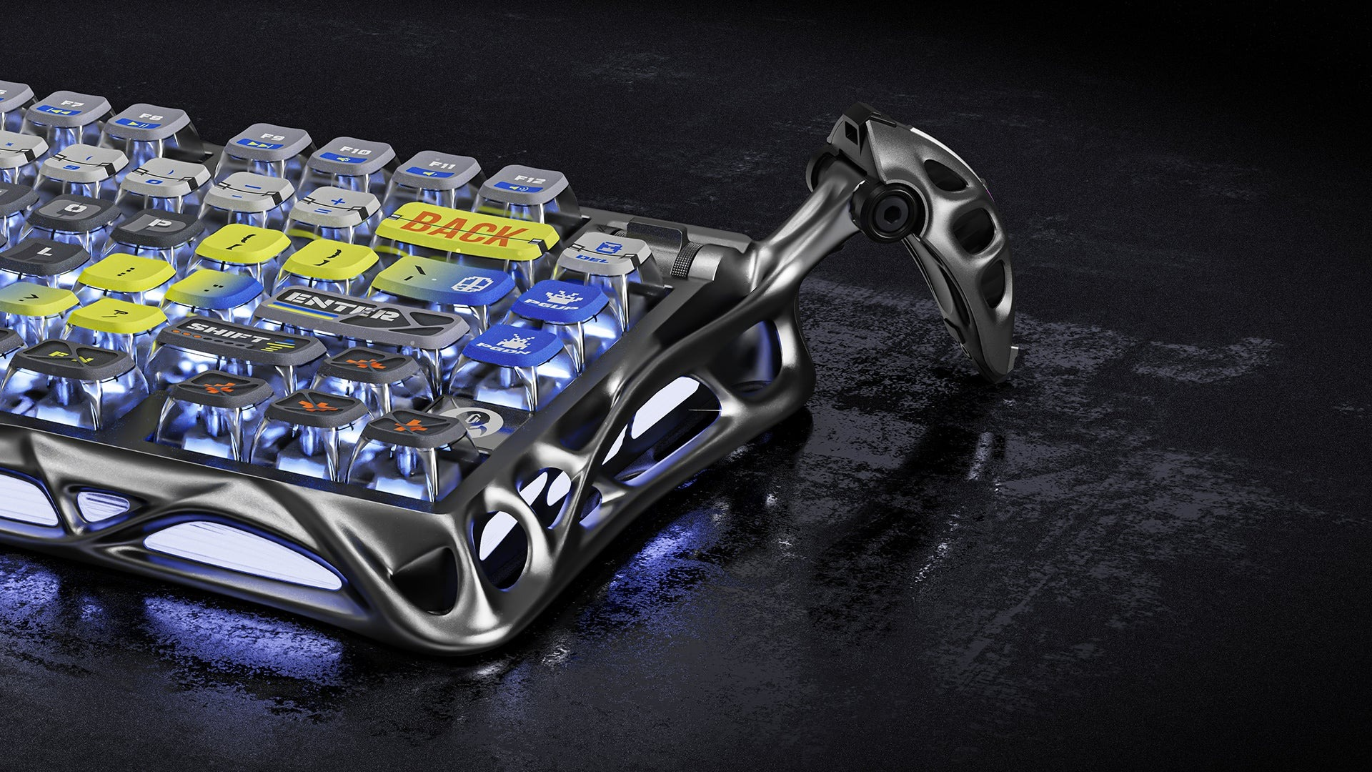 Futurystyczna klawiatura z metaliczną srebrną ramą i niebieskimi światłami.