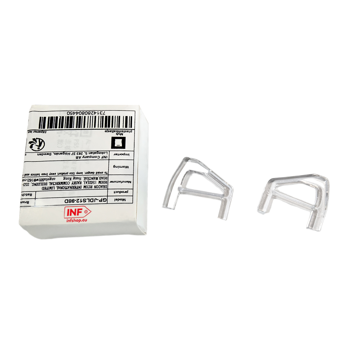 Dwa przezroczyste plastikowe części o gumowatej fakturze na białym tle.