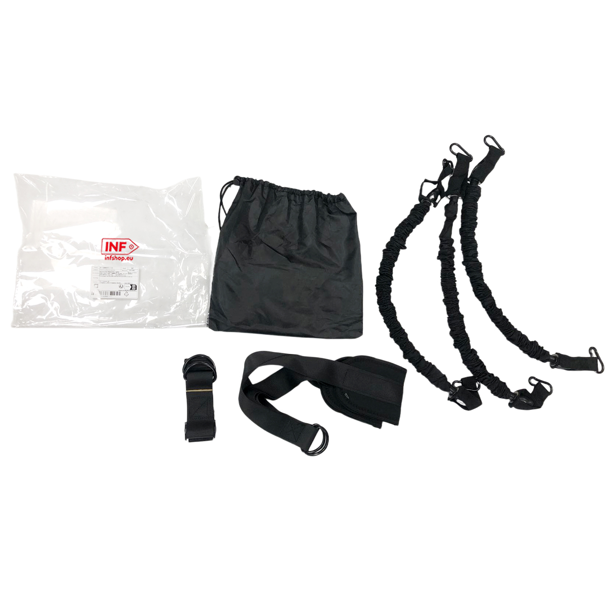 Czarne taśmy treningowe z uchwytami i torbą, na białym tle.