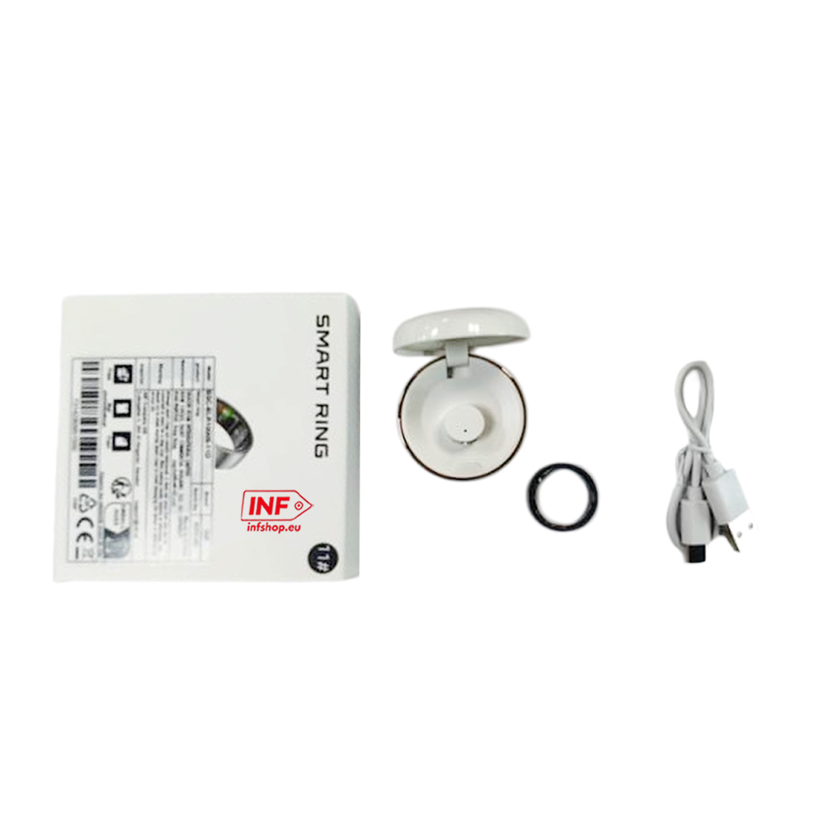 Smart-Ring-Verpackung, offenes Ladeetui mit Ring, Ersatzring und USB-Kabel.