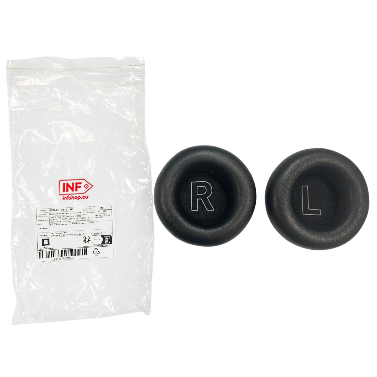 Dwa czarne nauszniki, jeden z R, jeden z L, obok opakowania.