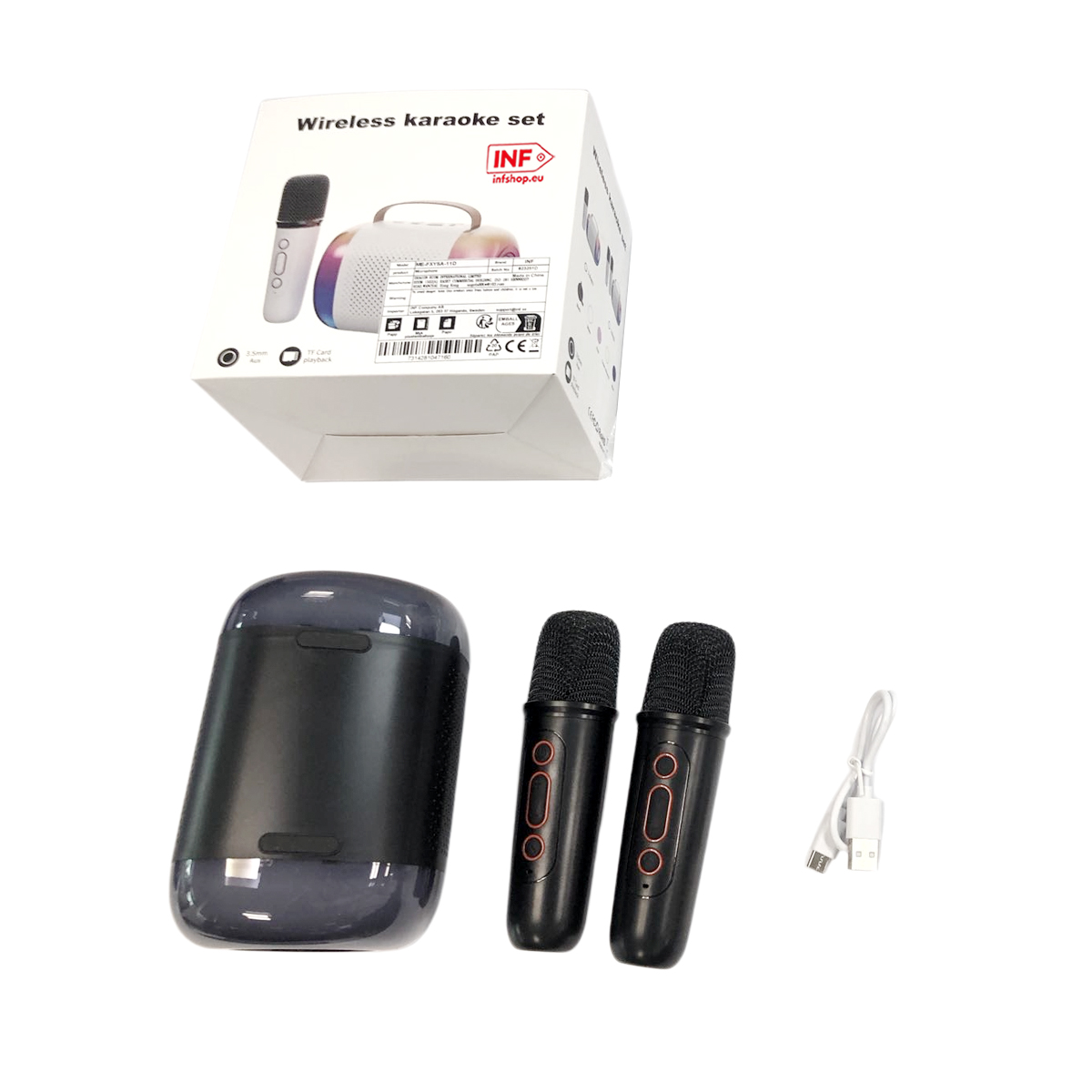Een draadloze karaoke set met twee microfoons, een oplaadcase en een USB-kabel.