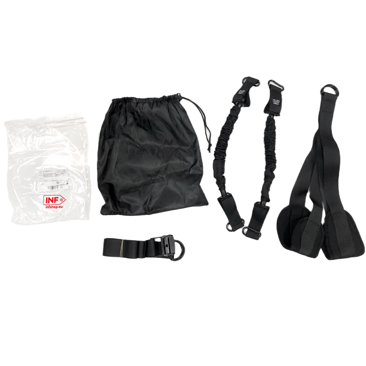 Czarne artykuły sportowe: worek, linki bungee z klipsami, paski, klamra.