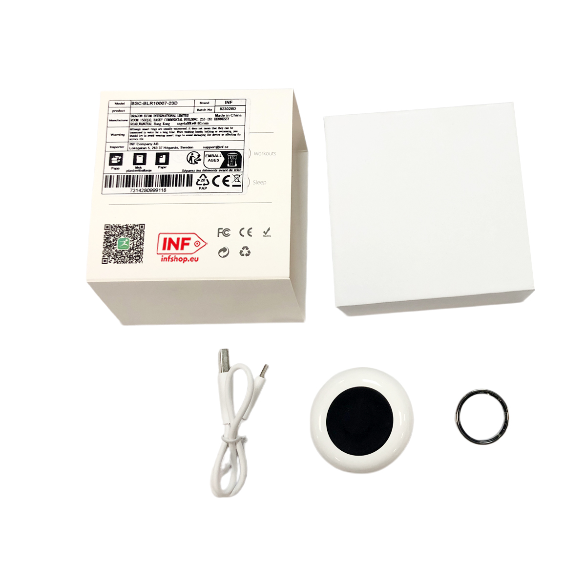 Ein weißer Karton mit Produktinformationen, ein Ladekabel, ein kreisförmiges Gerät und ein Ring.