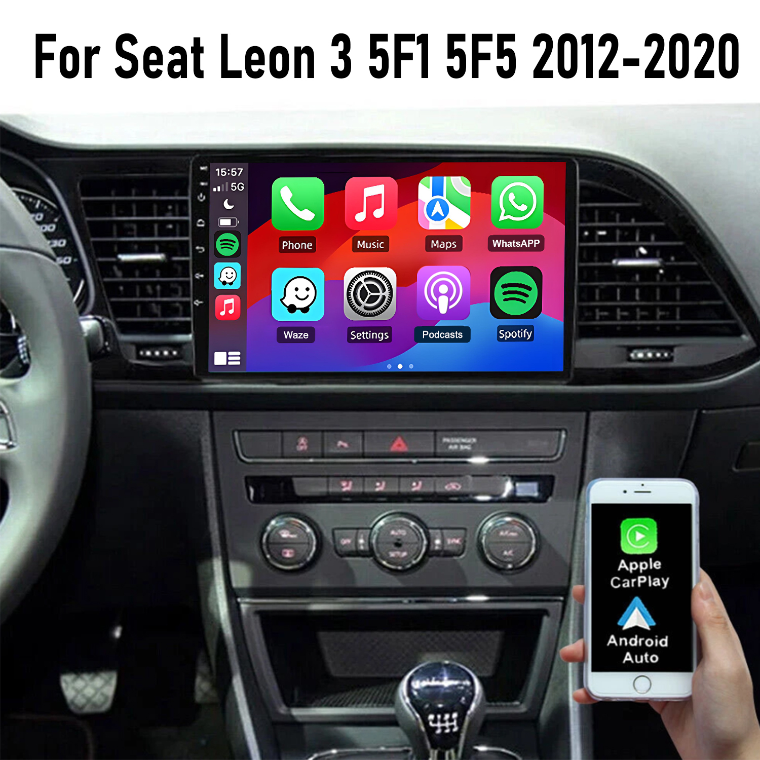 Autodashbord mit Touchscreen, der Apps anzeigt, Handy in der Hand zeigt CarPlay/Android Auto.