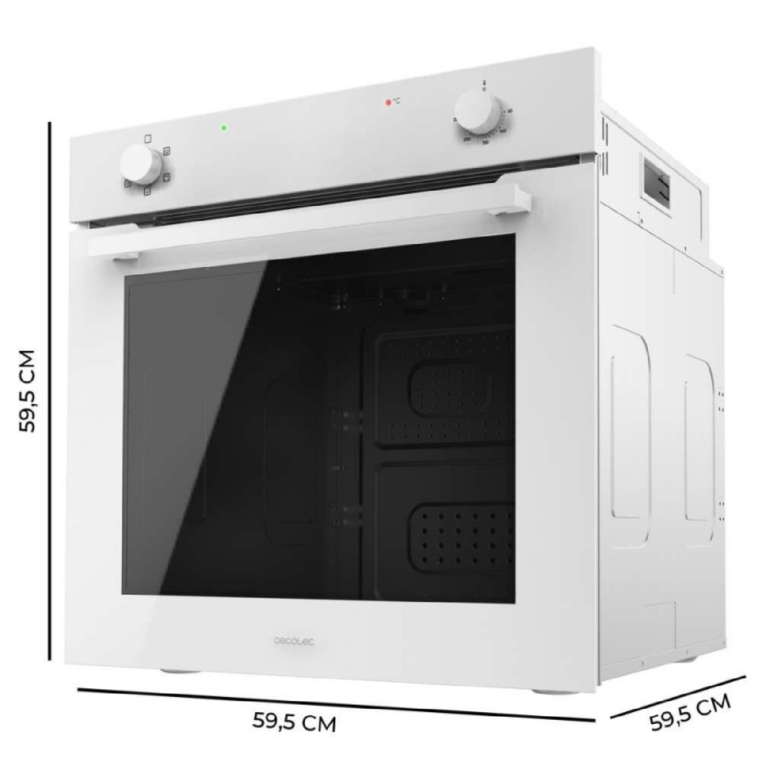 Un horno empotrable blanco con puerta de cristal y controles arriba.