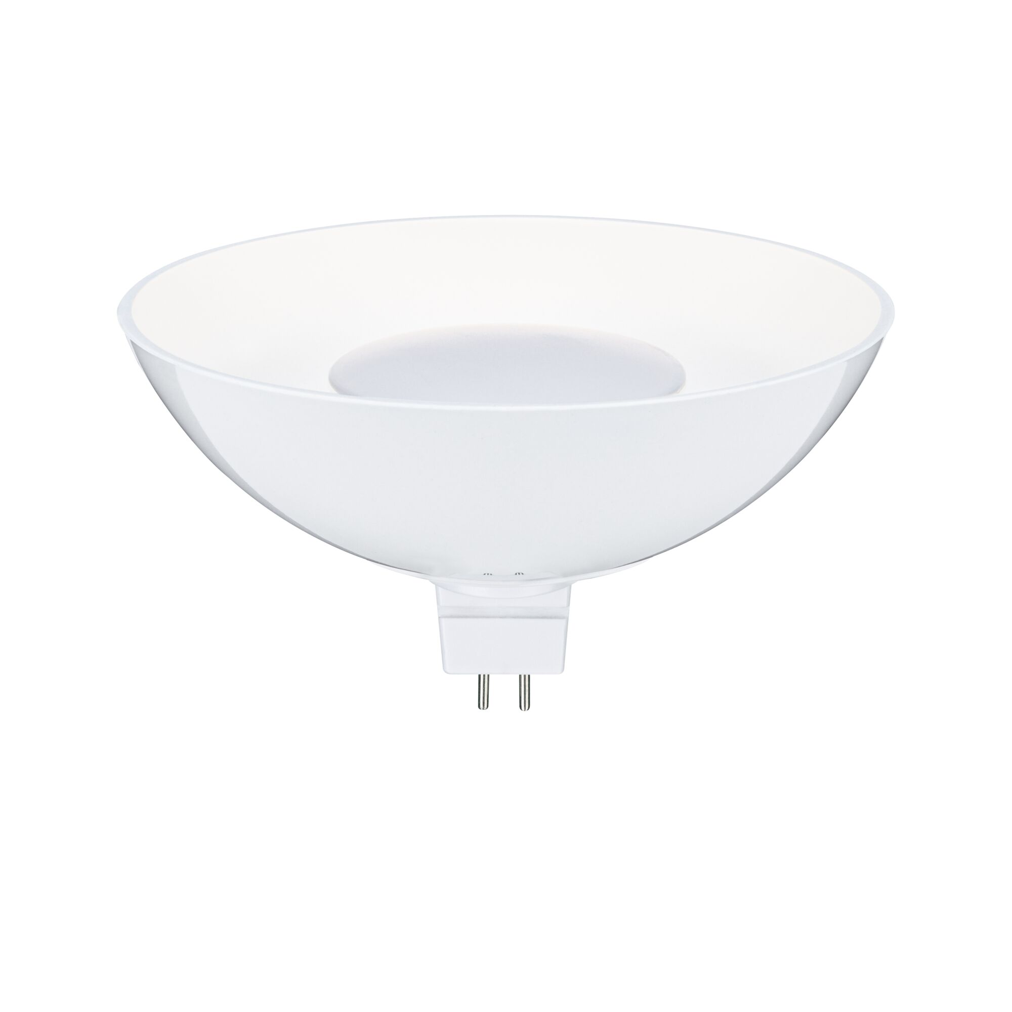 Biała lampa w kształcie miski z dwoma bolcami u dołu.