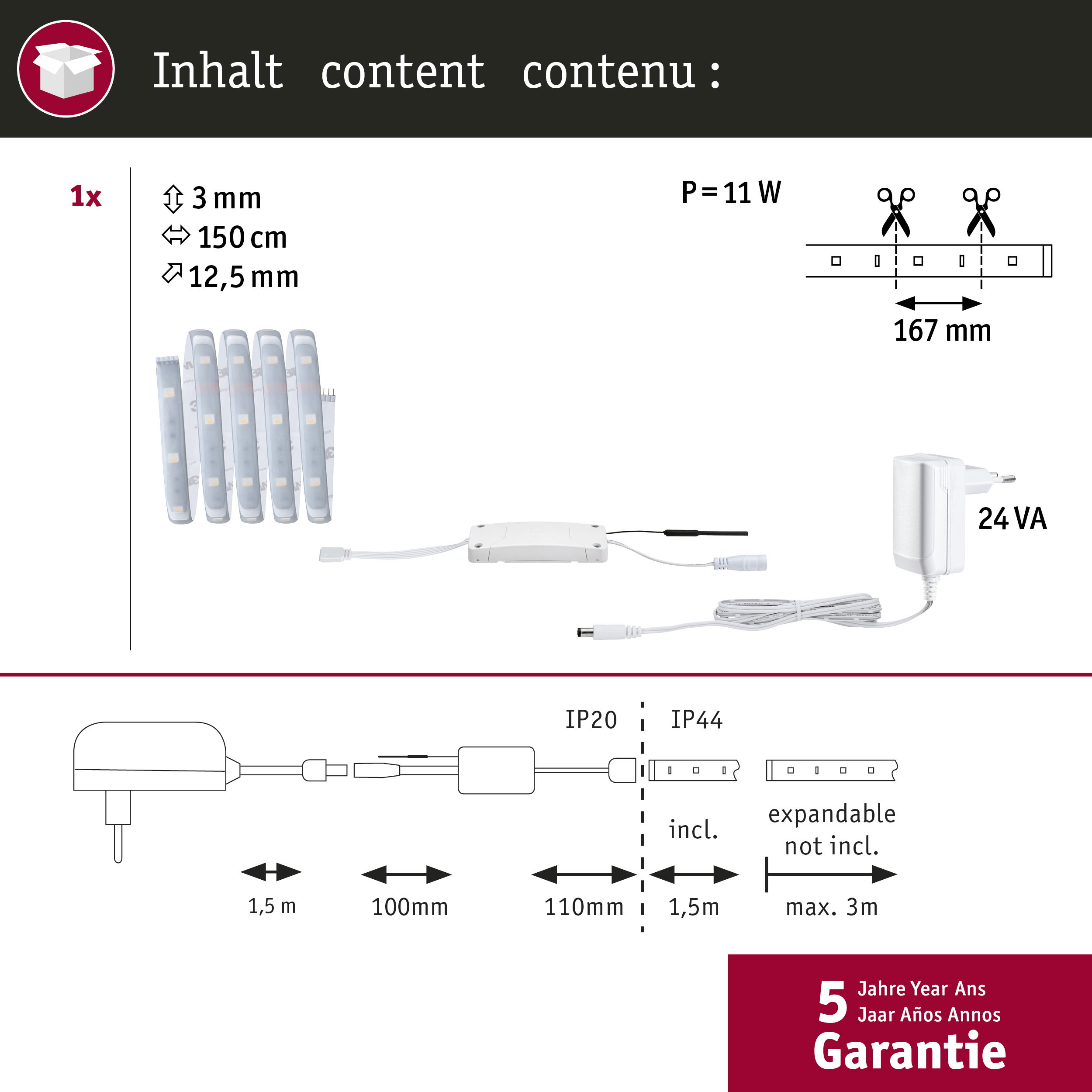 Zawartość opakowania: Taśma LED, zasilacz, kontroler. Wymiary: 3mm x 150cm.