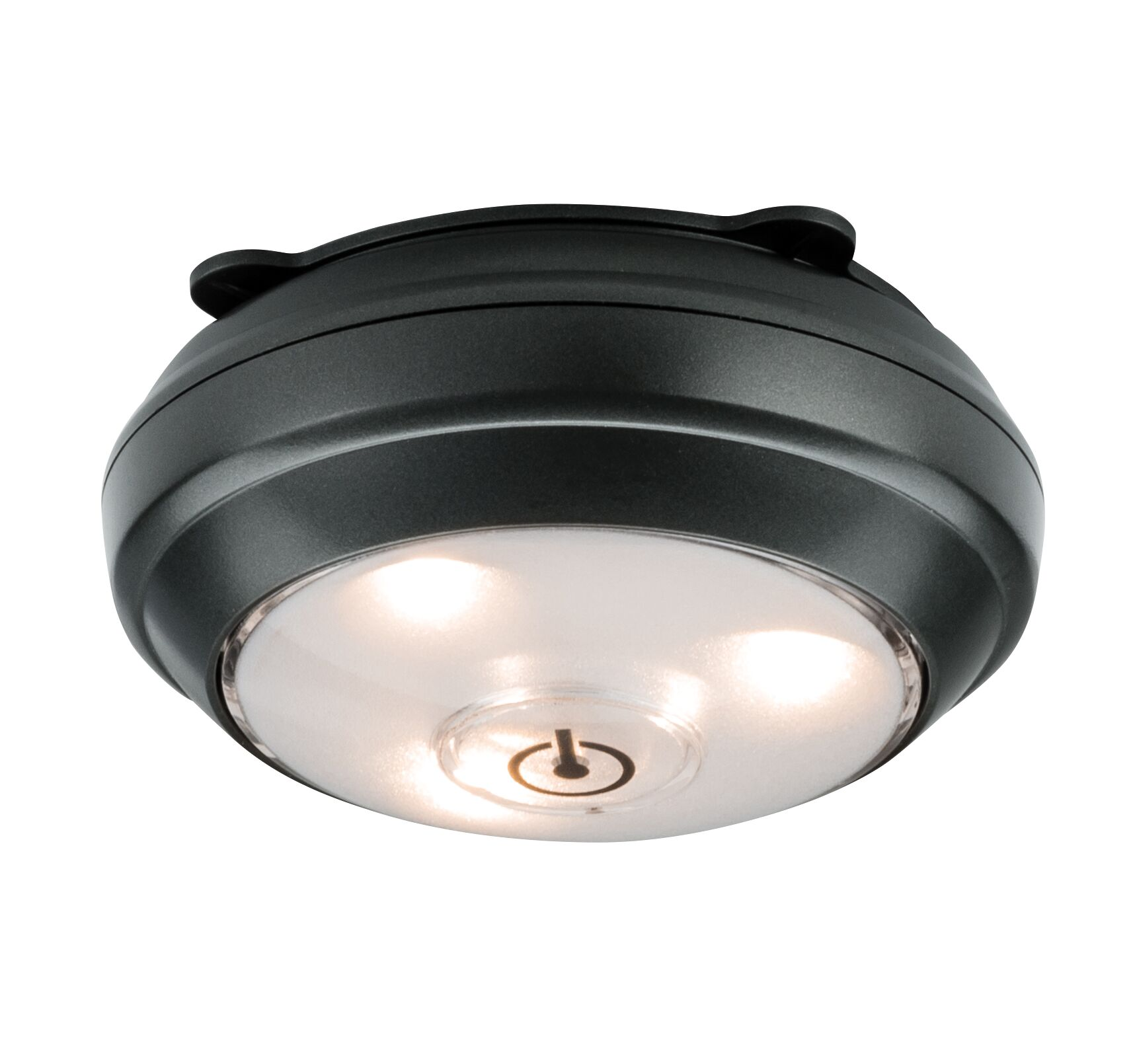Schwarze, runde Lampe mit drei Lichtern und Ein-/Aus-Symbol.