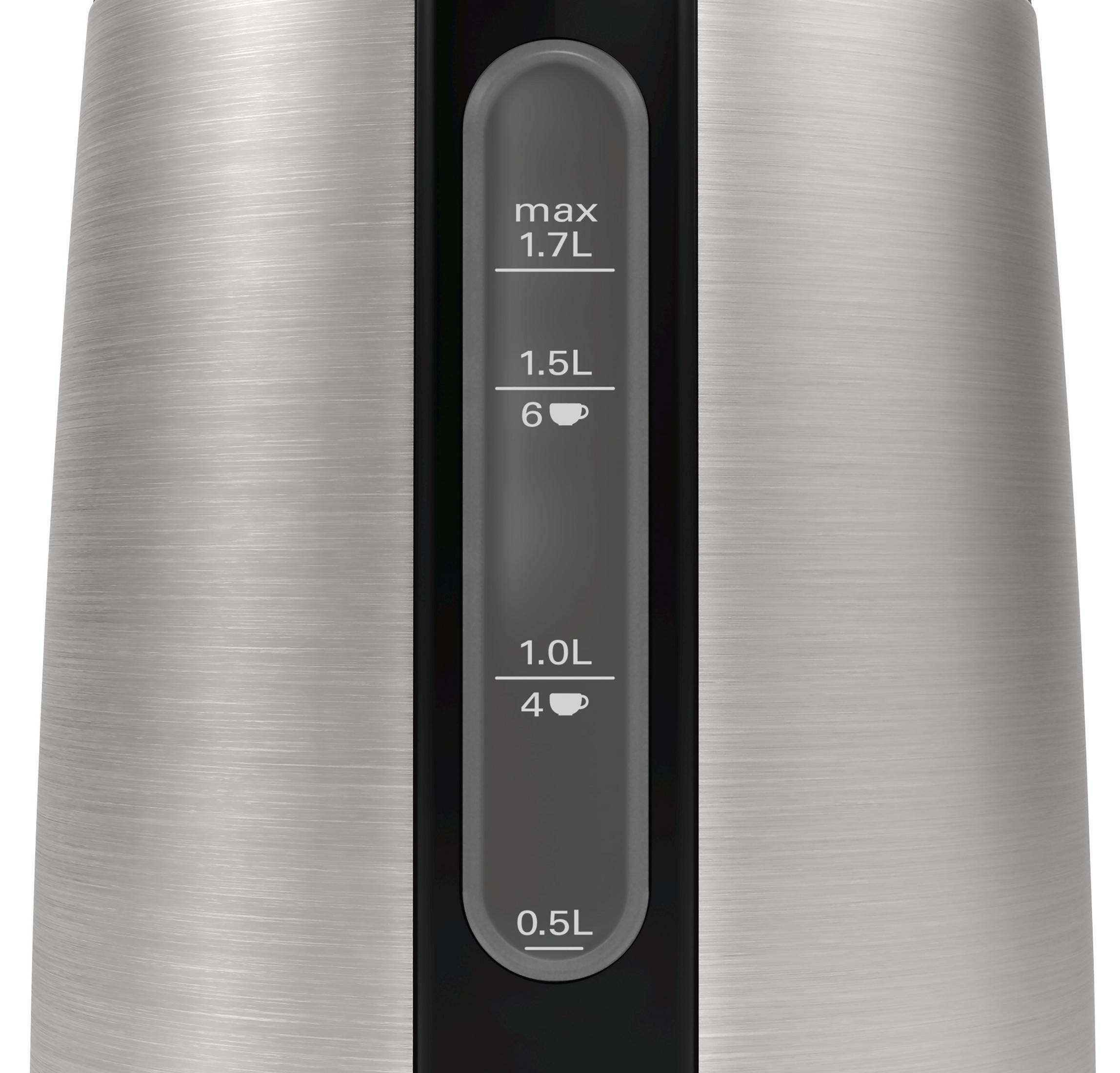 Zbliżenie czajnika ze wskaźnikiem poziomu wody od 0,5 L do 1,7 L.