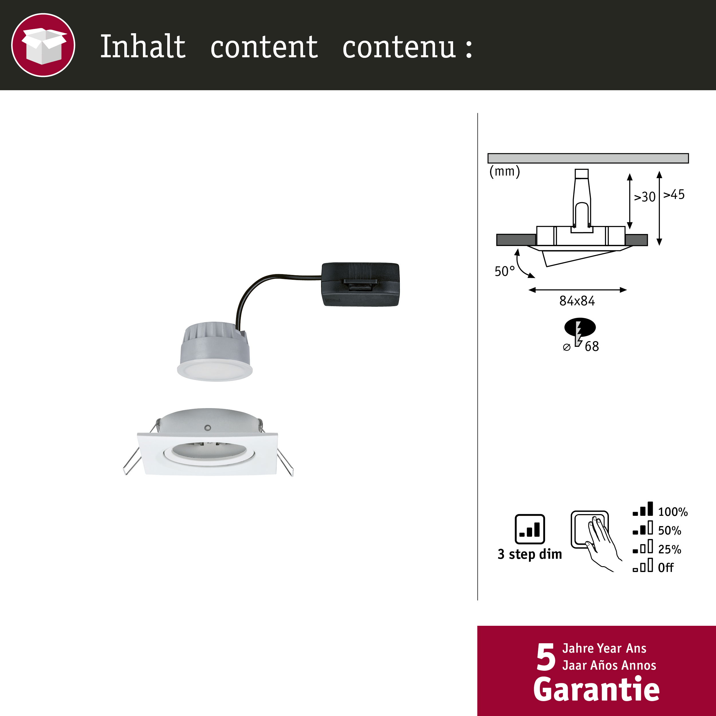 Einbauleuchte mit Netzteil und Installationsdetails. Maße und Dimmstufen werden angezeigt.