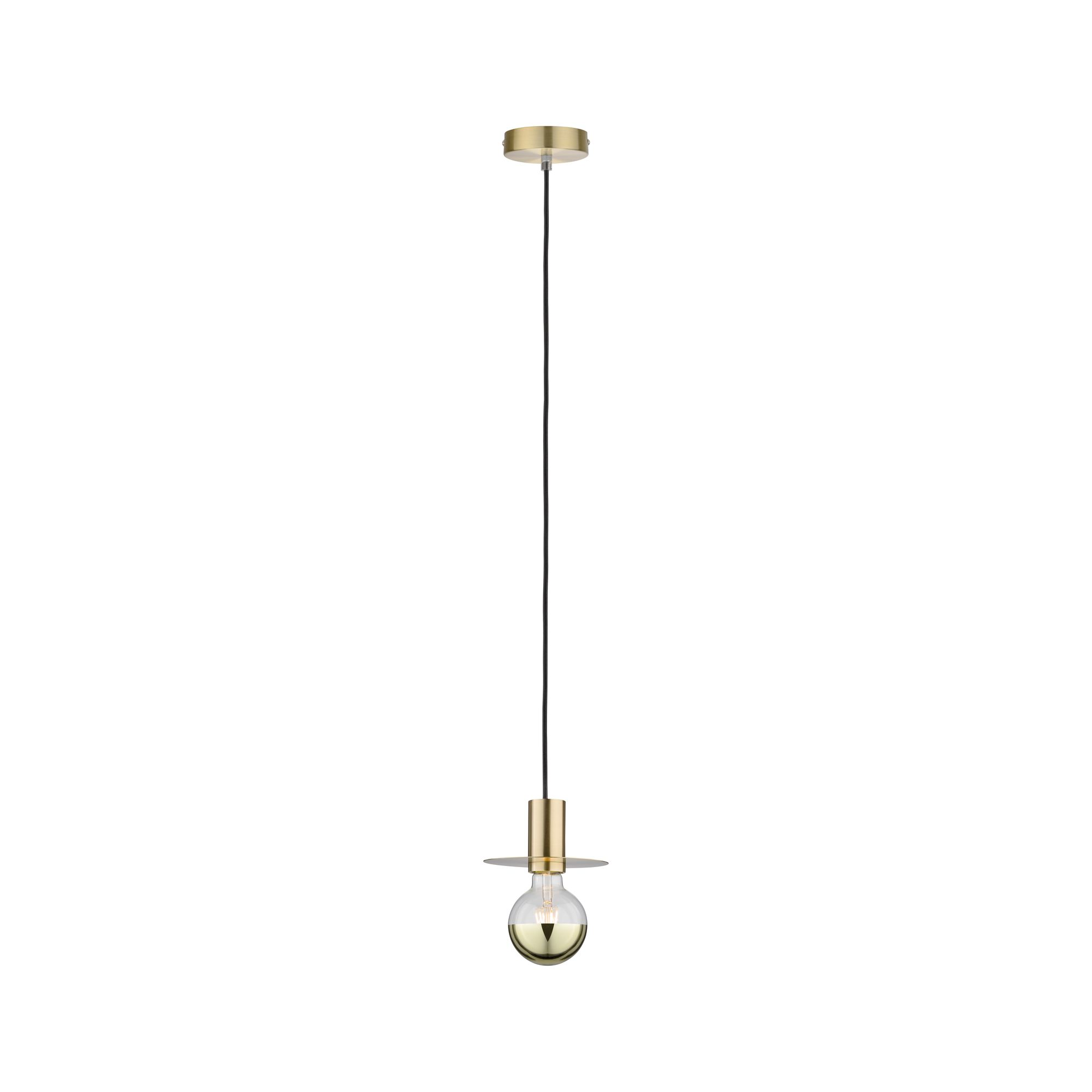 Una lampada a sospensione dorata moderna con lampadina.