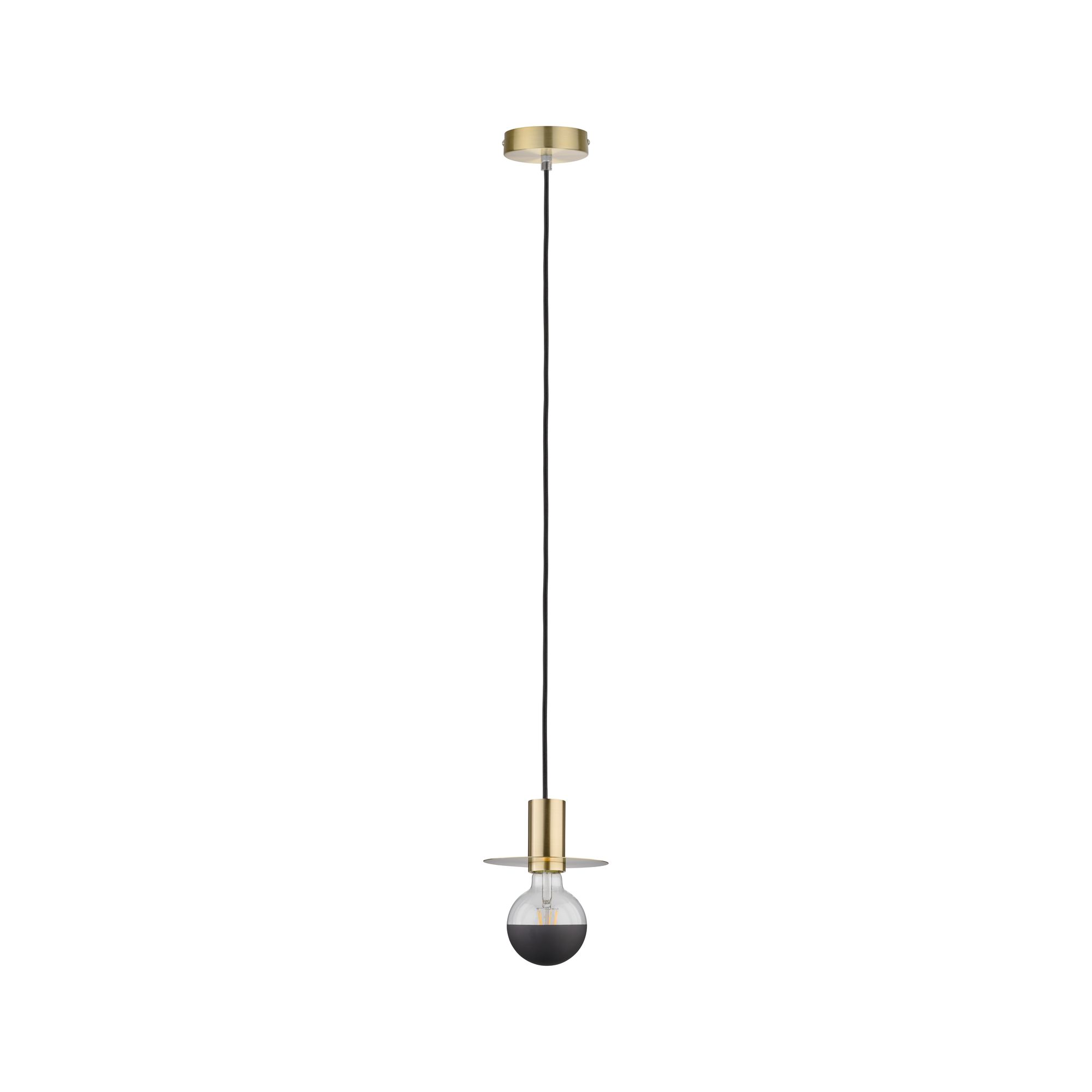 Una lampada da soffitto dorata con cavo nero e lampadina bicolore.