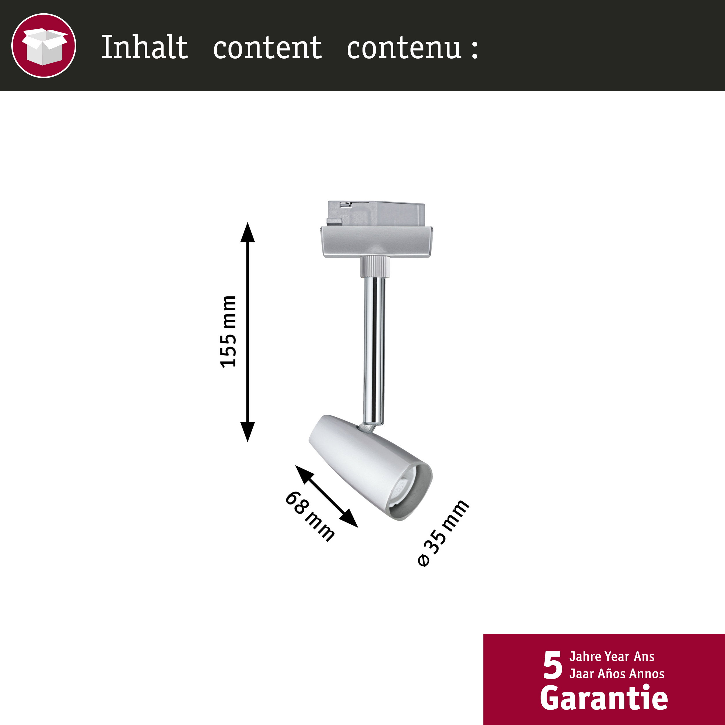 Biały reflektor z srebrną łodygą na białym tle, podano wymiary.