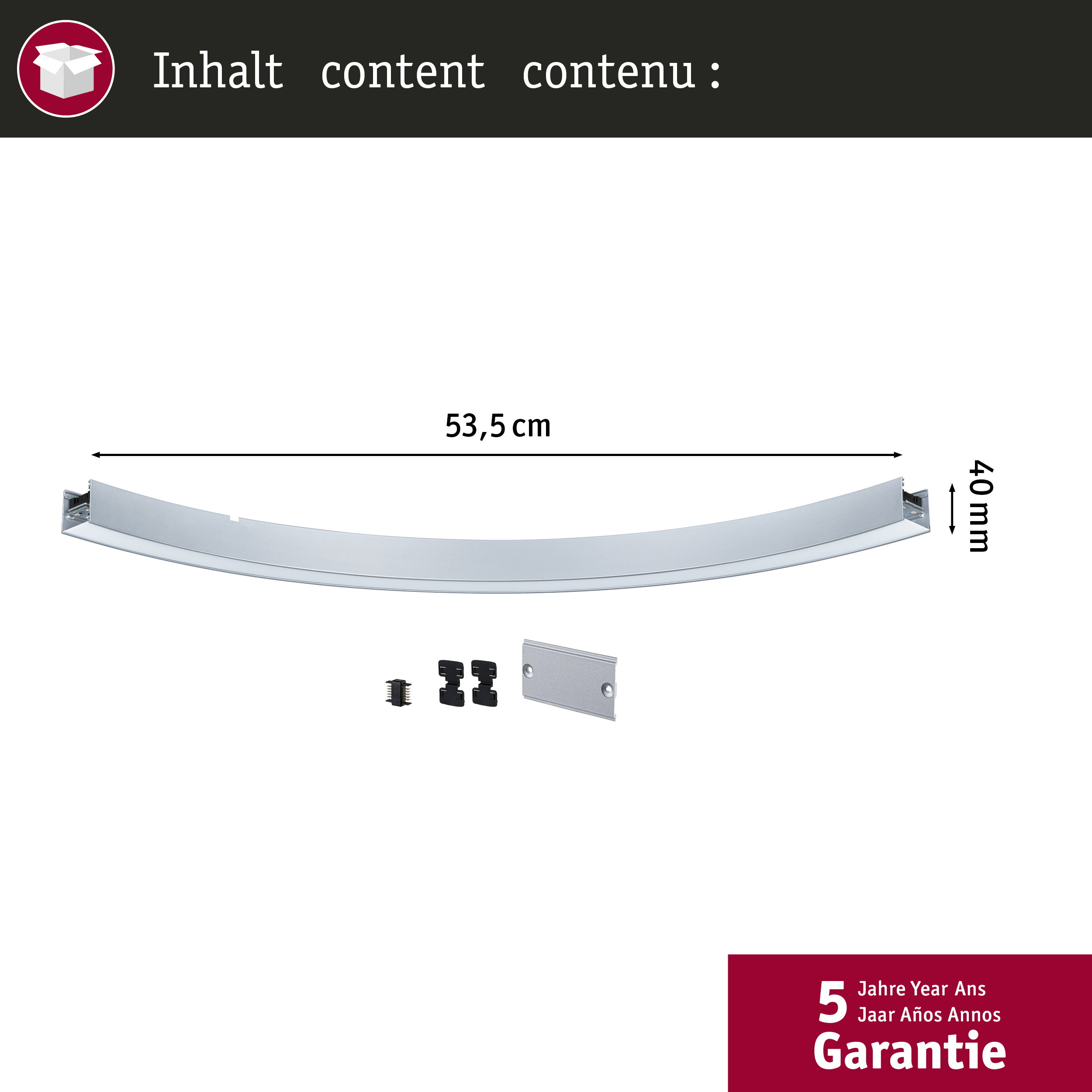 Gebogene silberne Leiste, 53,5 cm lang, 40 mm hoch, mit Zubehör.