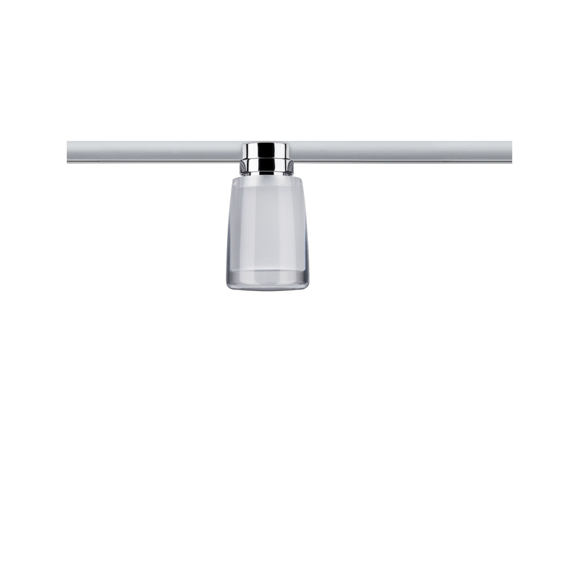 Przezroczysta szklana lampa z srebrną metalową nasadką na srebrnym drążku.