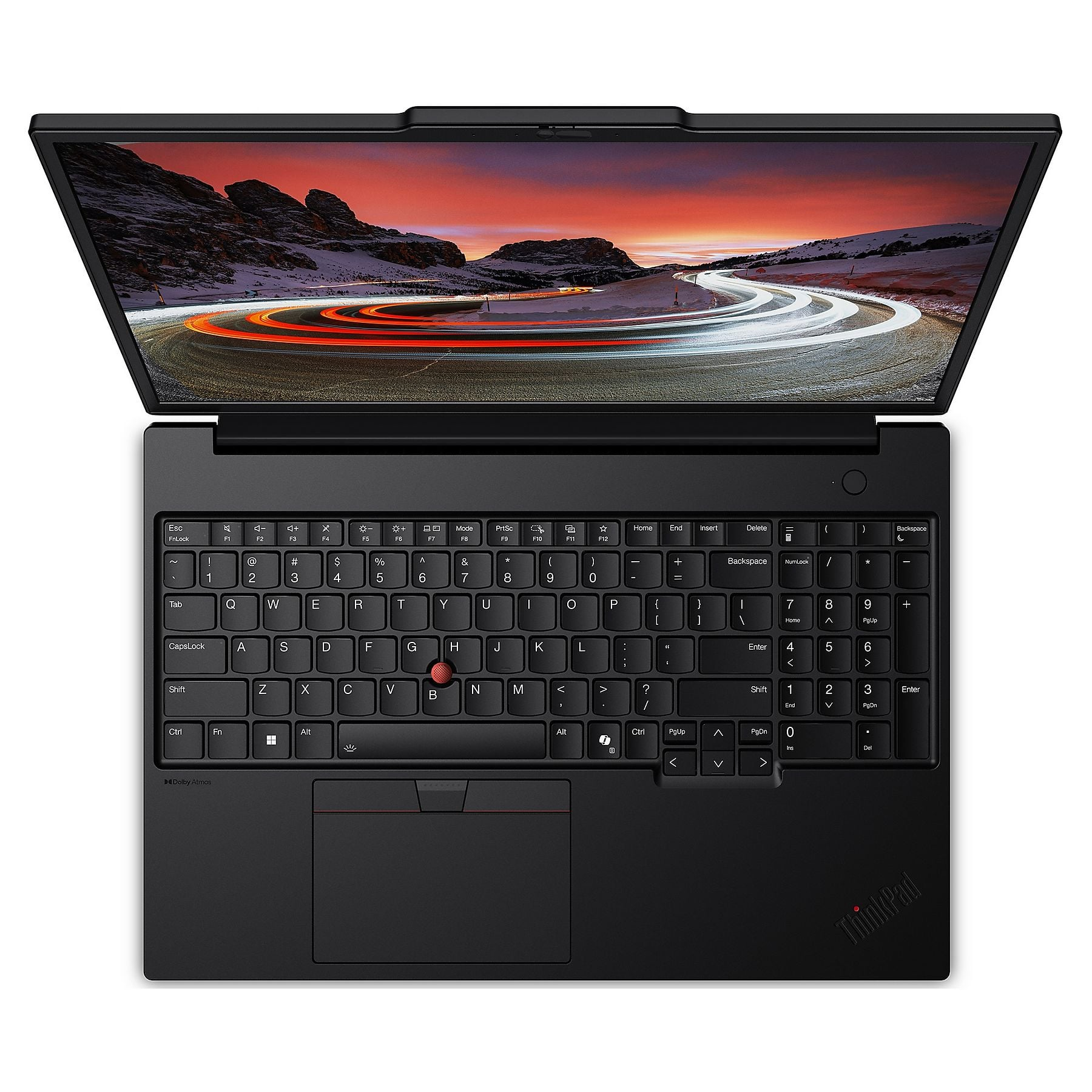 Un laptop Thinkpad nero con schermo aperto, che mostra una strada tortuosa.