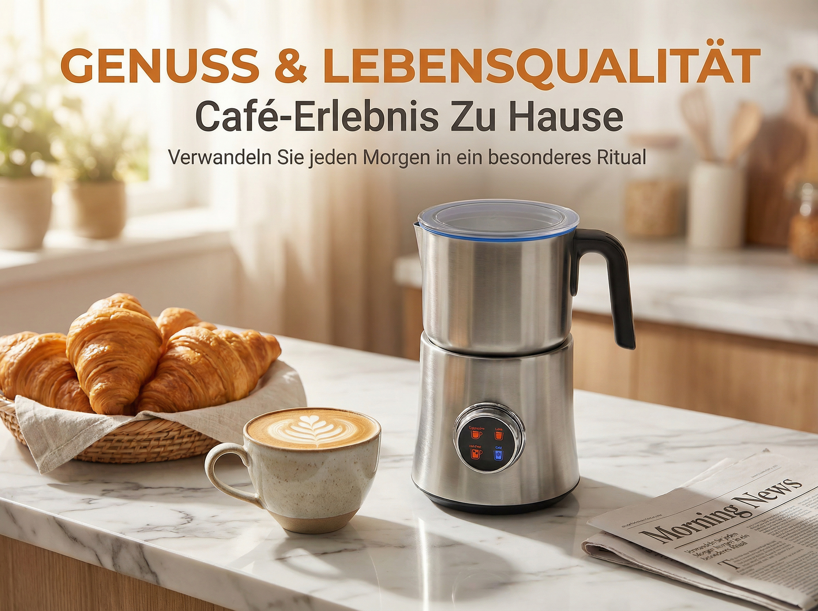 Milchaufschäumer mit Croissants und Latte Macchiato auf Marmortisch. Text: Genuss & Lebensqualität.