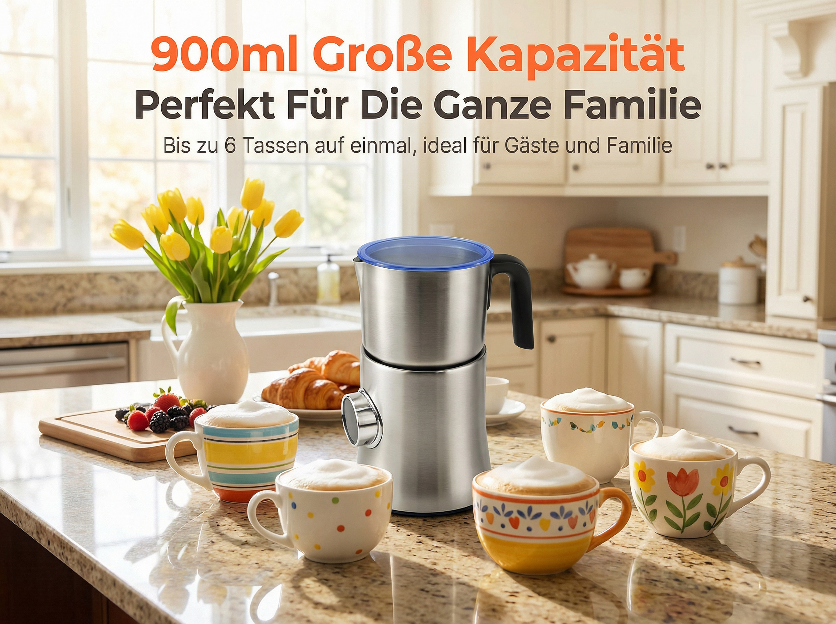 Edelstahl-Milchaufschäumer mit vier Cappuccinotassen und Beeren auf einer Küchenarbeitsplatte.