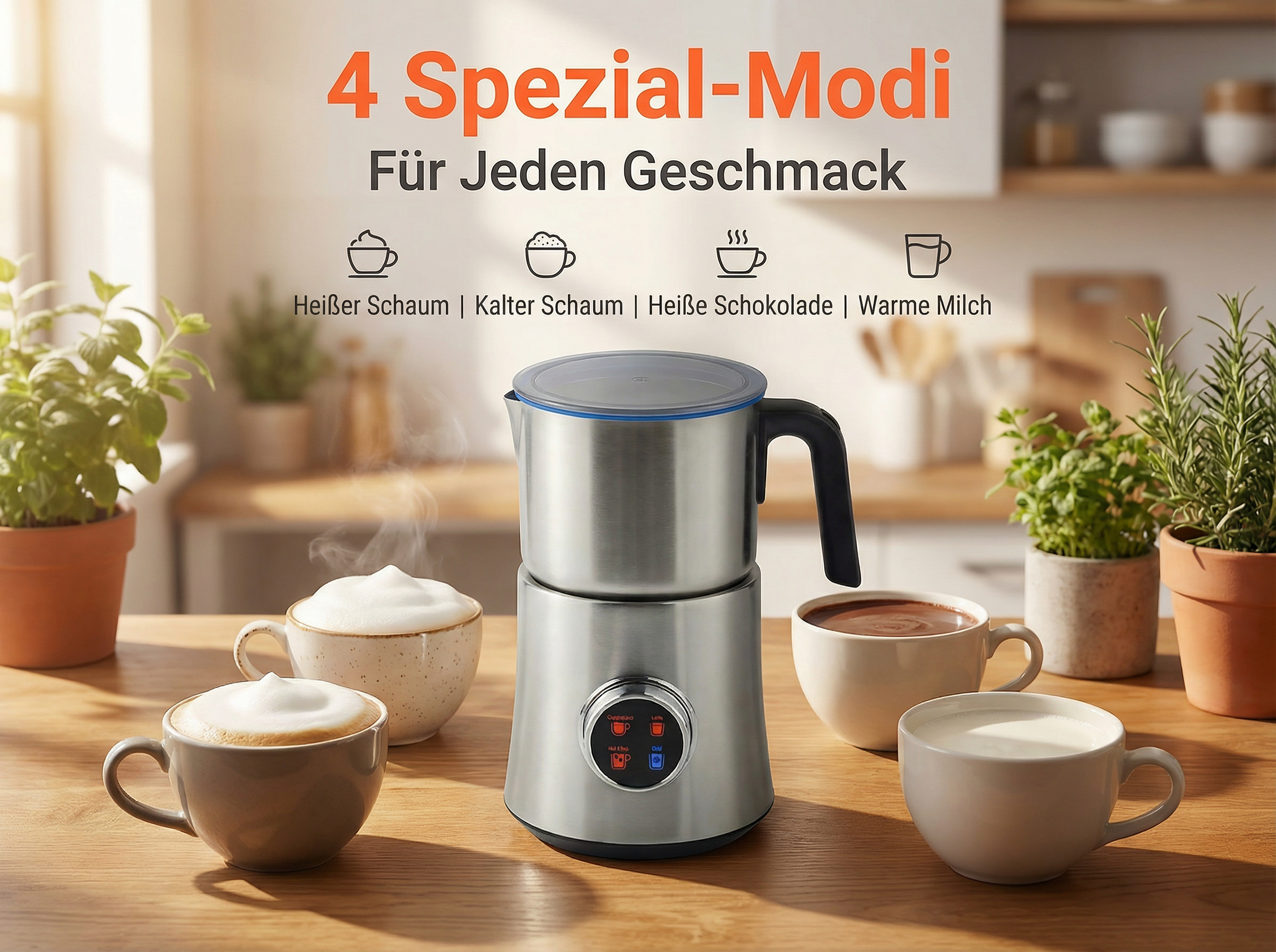 Edelstahl-Milchaufschäumer mit vier Tassen Getränken daneben.