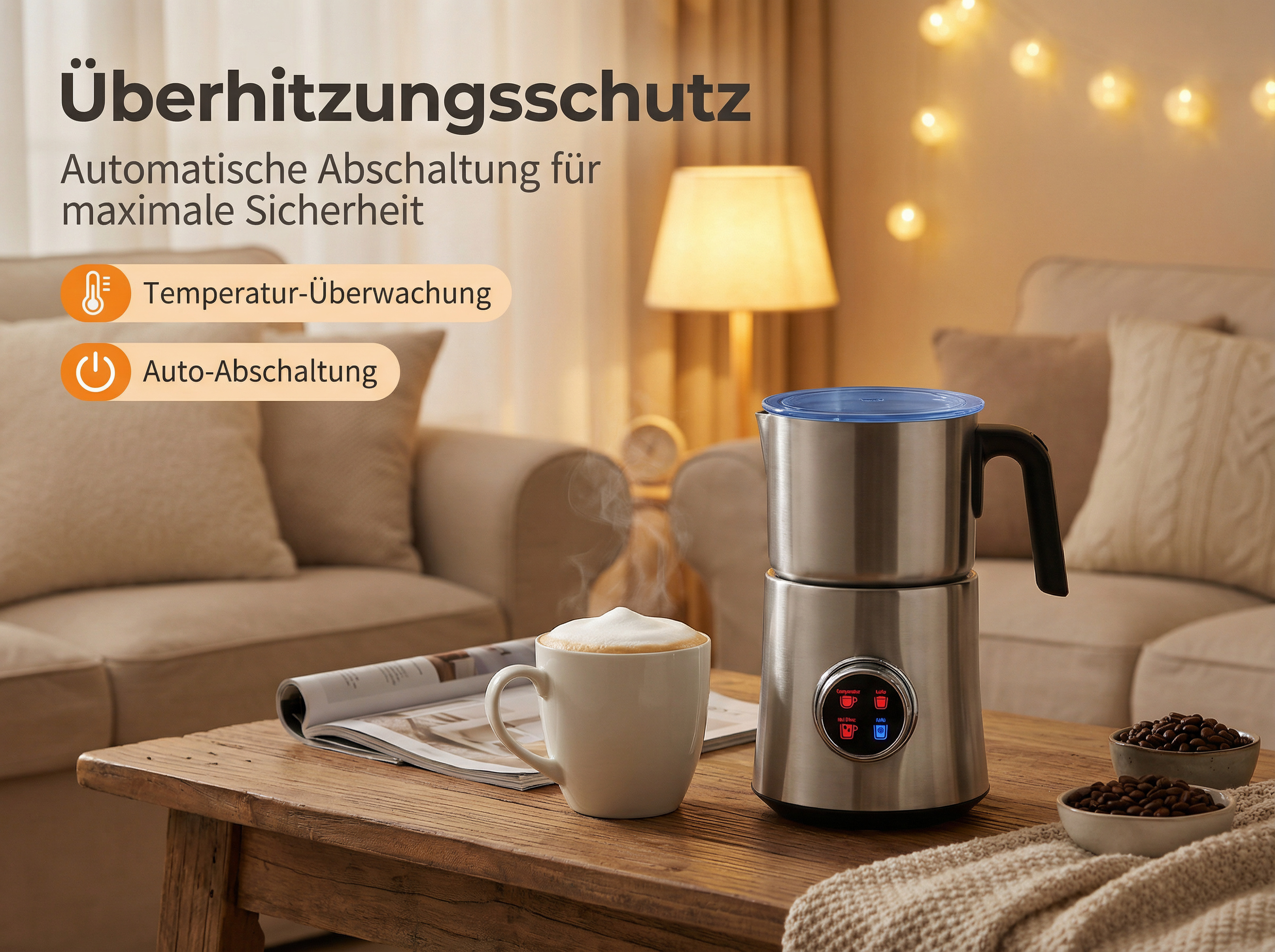 Edelstahl-Milchaufschäumer mit Cappuccino und Latte-Optionen auf Holztisch.