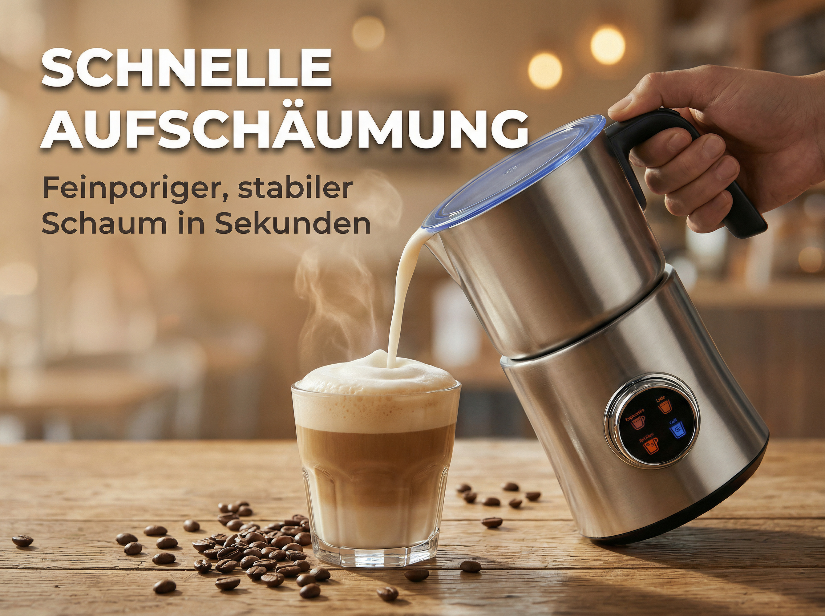 Milchaufschäumer gießt Schaum in ein Glas mit Kaffee. Kaffeebohnen liegen daneben.