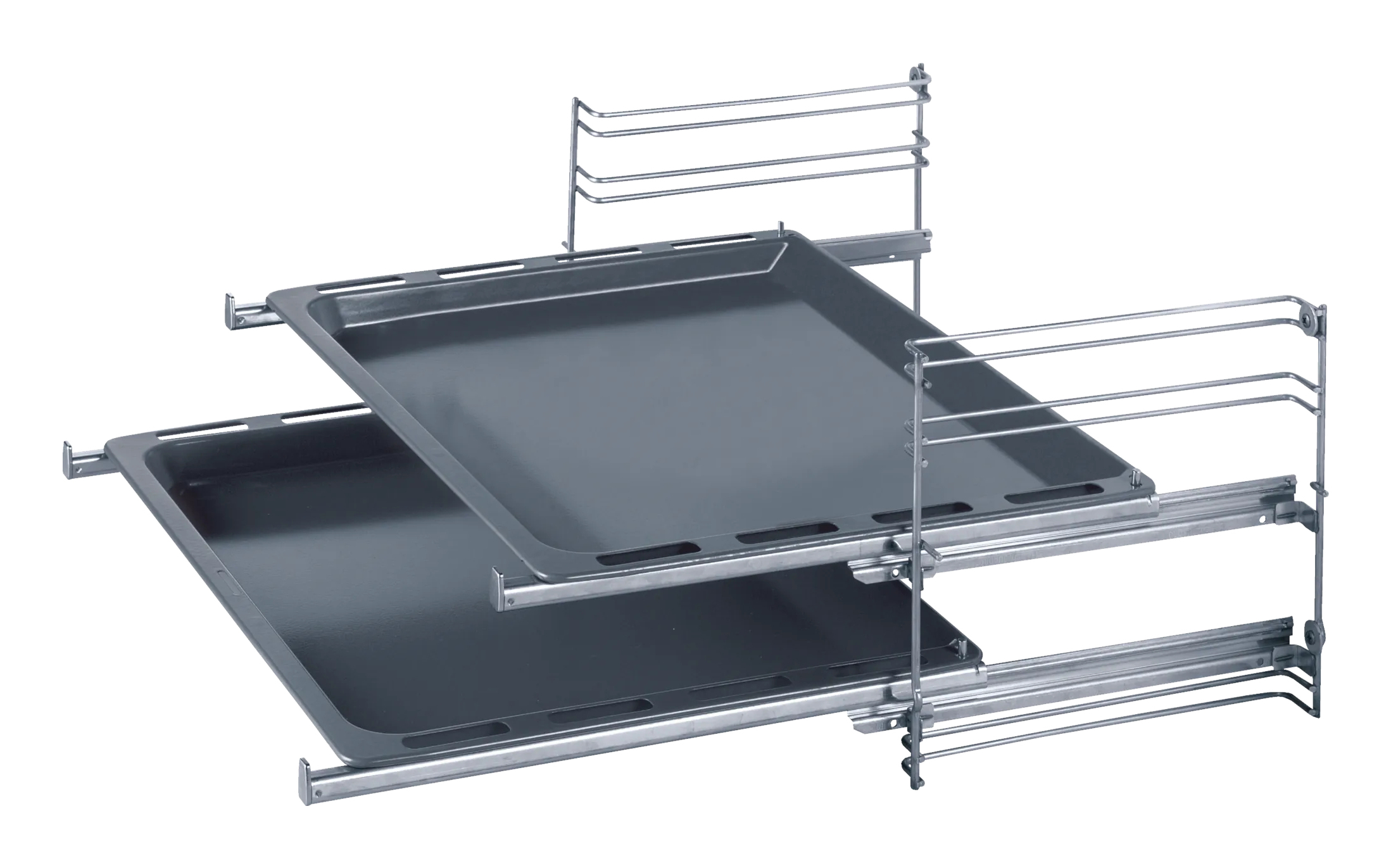 Deux supports de plaque de cuisson coulissants avec plaques grises sur fond blanc.