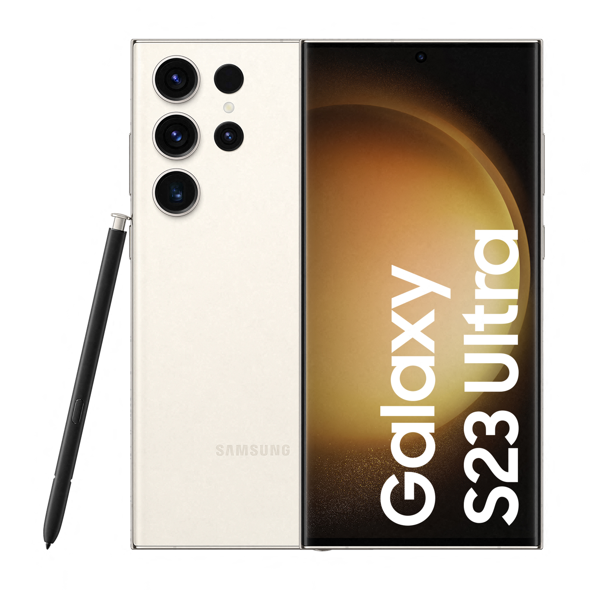 Beżowy smartfon Samsung Galaxy S23 Ultra z rysikiem S Pen na białym tle.