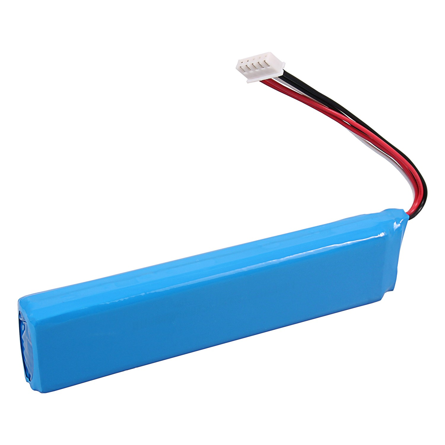 Ein blauer Akkupack mit weißem Stecker und roten, schwarzen und weißen Kabeln.