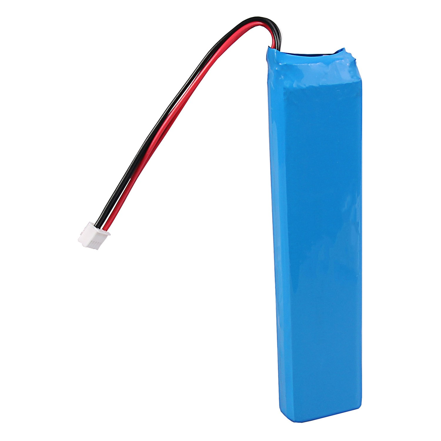 Ein blaues Akku-Pack mit roten und schwarzen Kabeln und einem weißen Stecker.