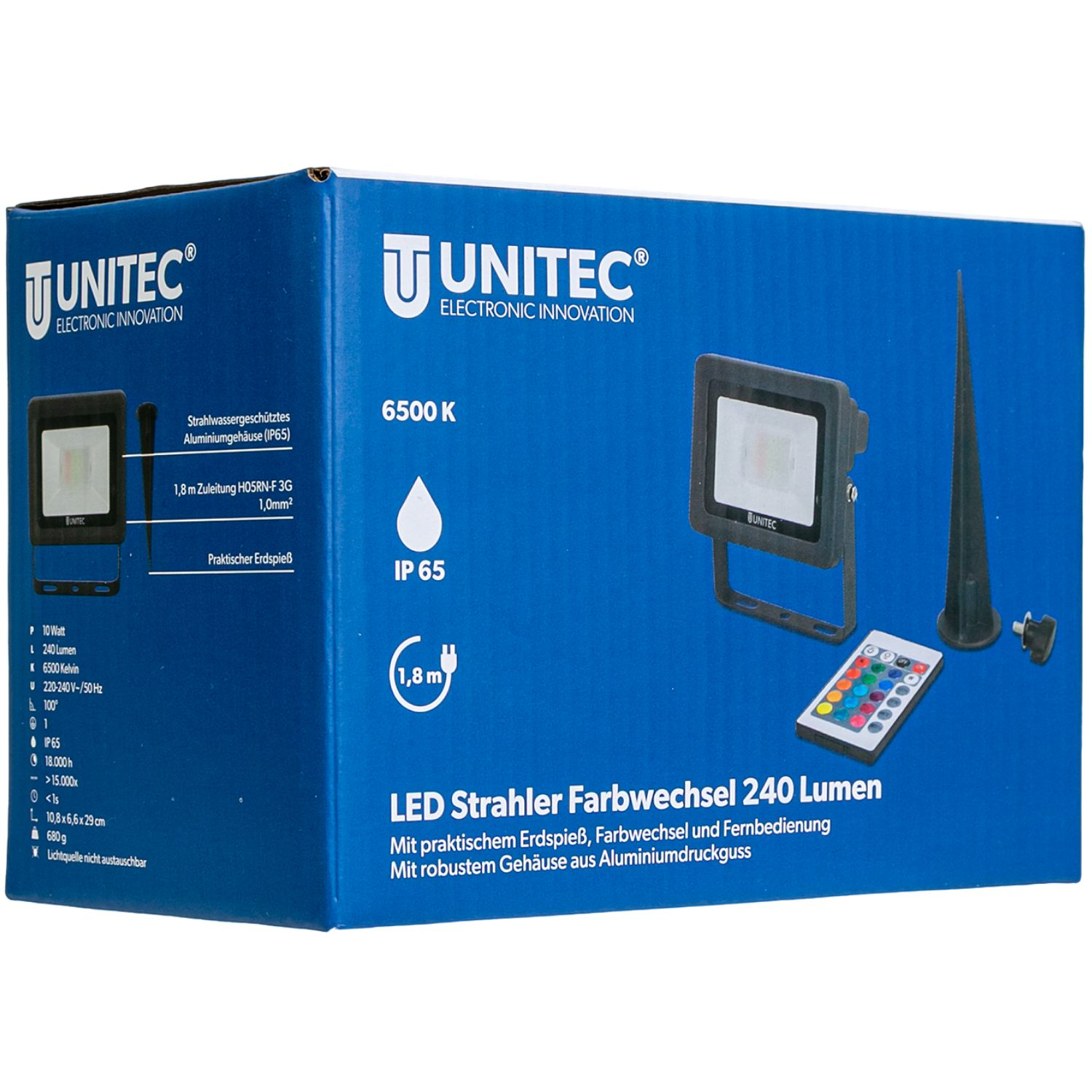 Verpackung eines UNITEC LED-Strahlers mit Fernbedienung und Erdspieß.