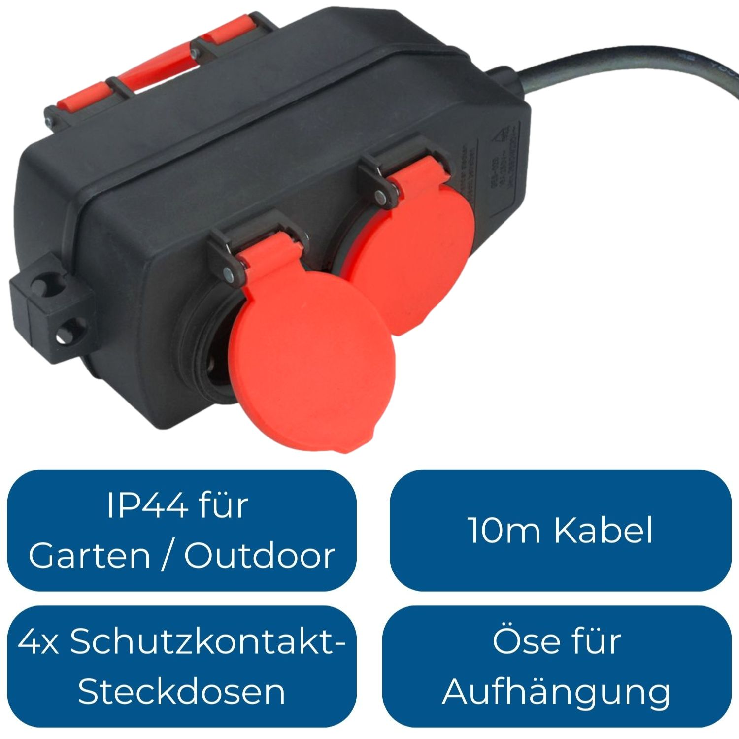Schwarze Mehrfachsteckdose mit roten Klappen, für Außenbereich, 10m Kabel.