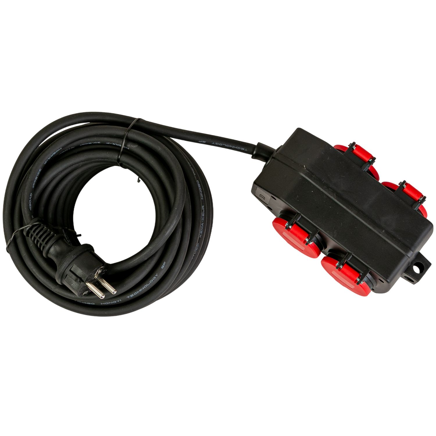 Schwarzes Kabel mit Stecker und Mehrfachsteckdose mit roten Kappen.