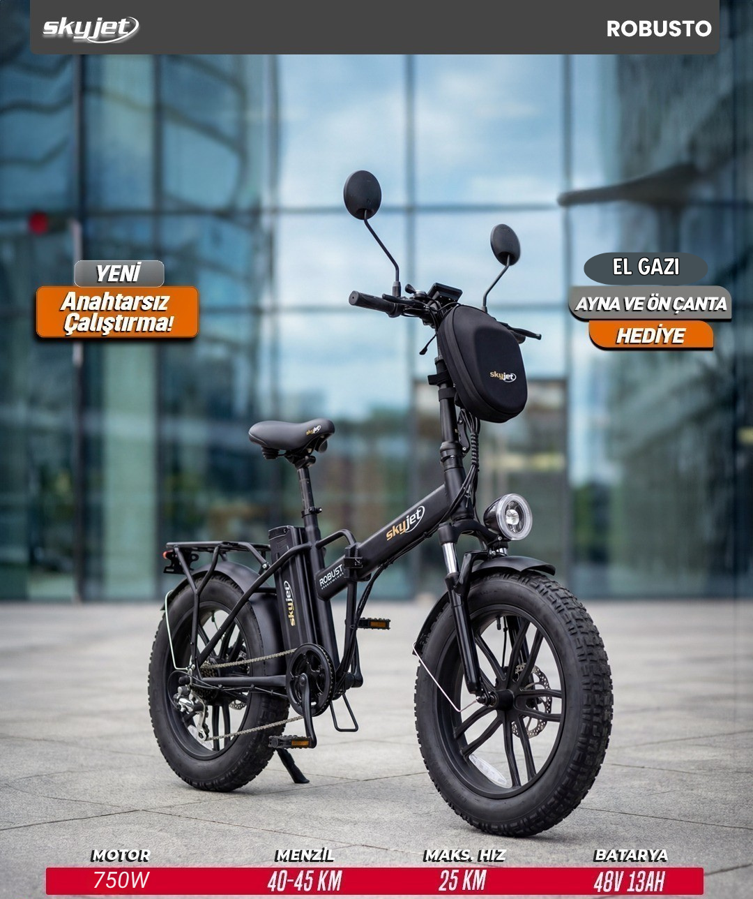 Siyah Skyjet elektrikli bisiklet, modern bir binanın önünde kalın lastiklerle.
