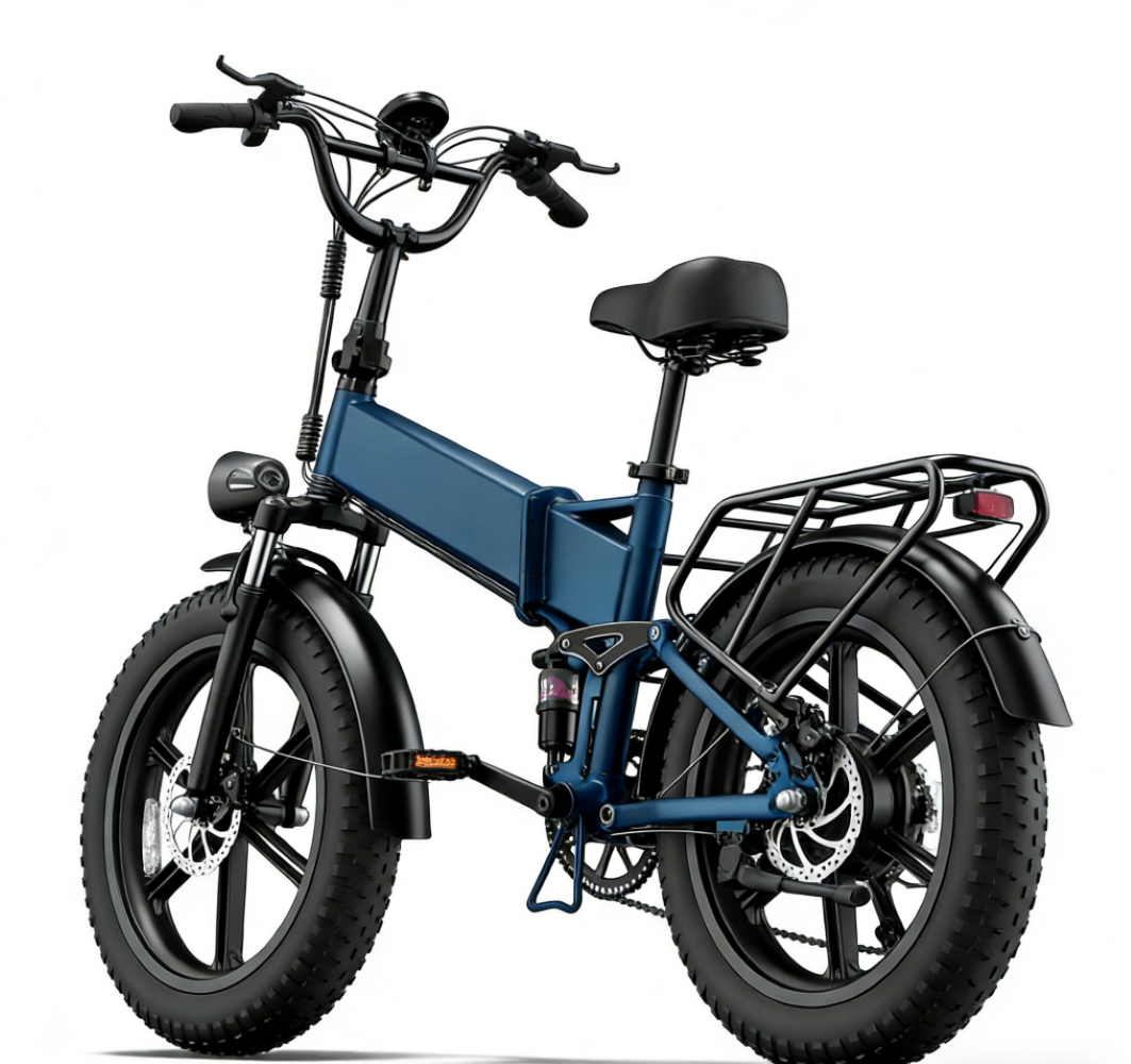 Ein blaues E-Bike mit dicken Reifen, Gepäckträger und Federung, isoliert auf weißem Hintergrund.