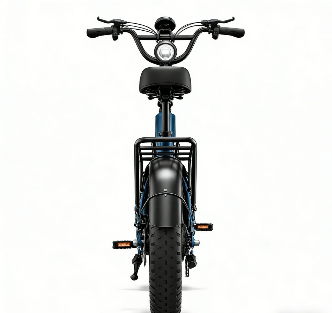 Ein blauer E-Bike-Vorderansicht mit dickem Reifen, Gepäckträger und Scheinwerfer.