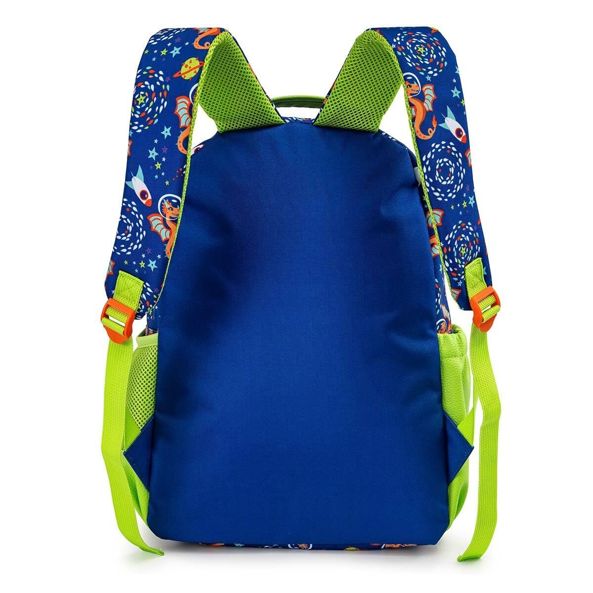 Mochila azul con estampado de astronautas y dragones, tirantes y bolsillos verdes.