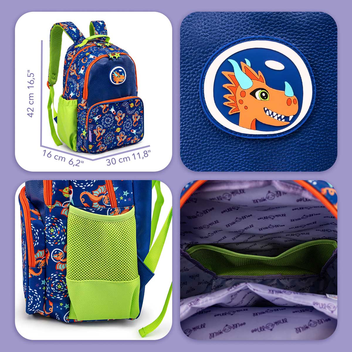 Mochila azul con estampado de dragón naranja, bolsillos de malla verde y dimensiones.