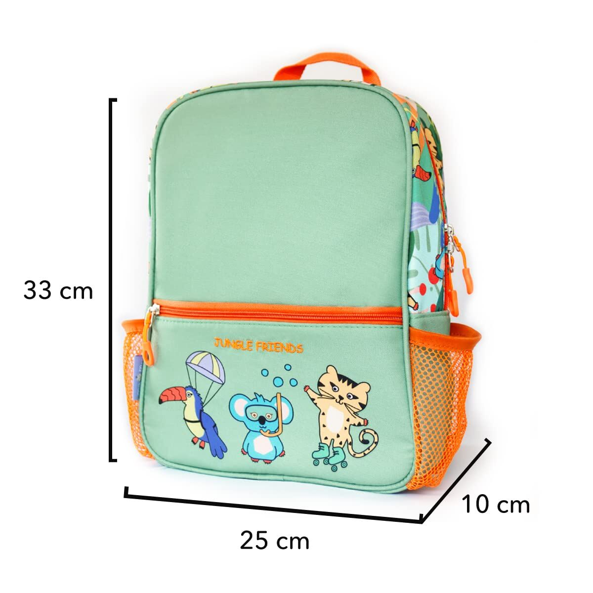 Mochila infantil verde claro con estampado de animales de la jungla, aprox. 33x25x10cm.