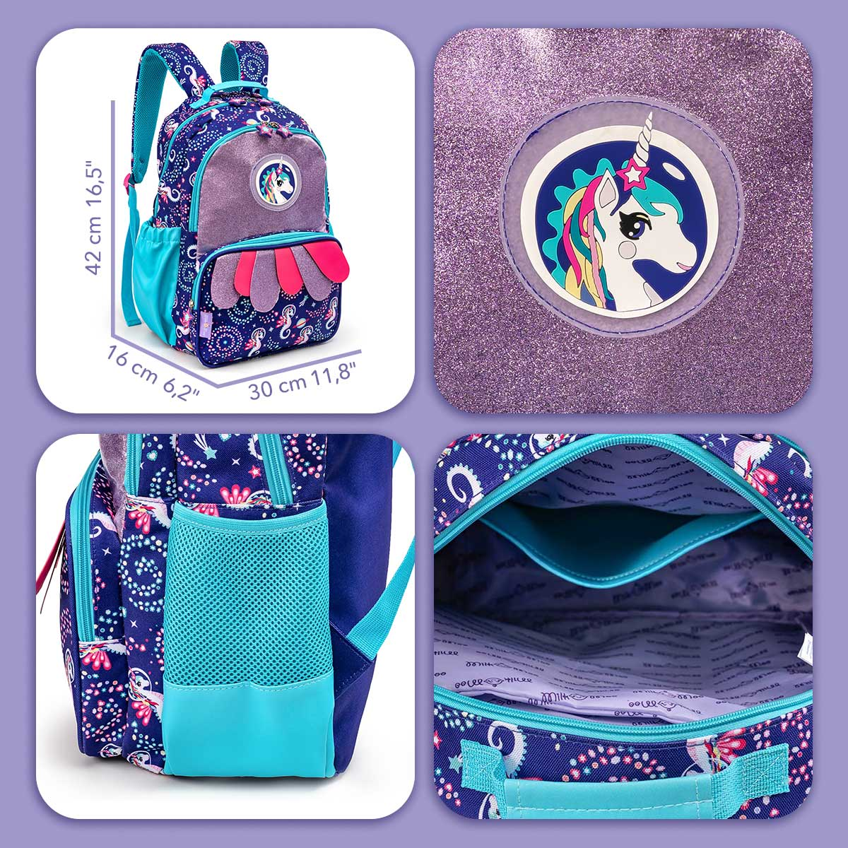 Una mochila morada con diseño de unicornio, decorada con purpurina y detalles turquesa.