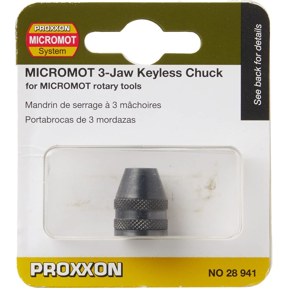 Schwarzer 3-Backen-Bohrfutter von Proxxon für MICROMOT-Werkzeuge.