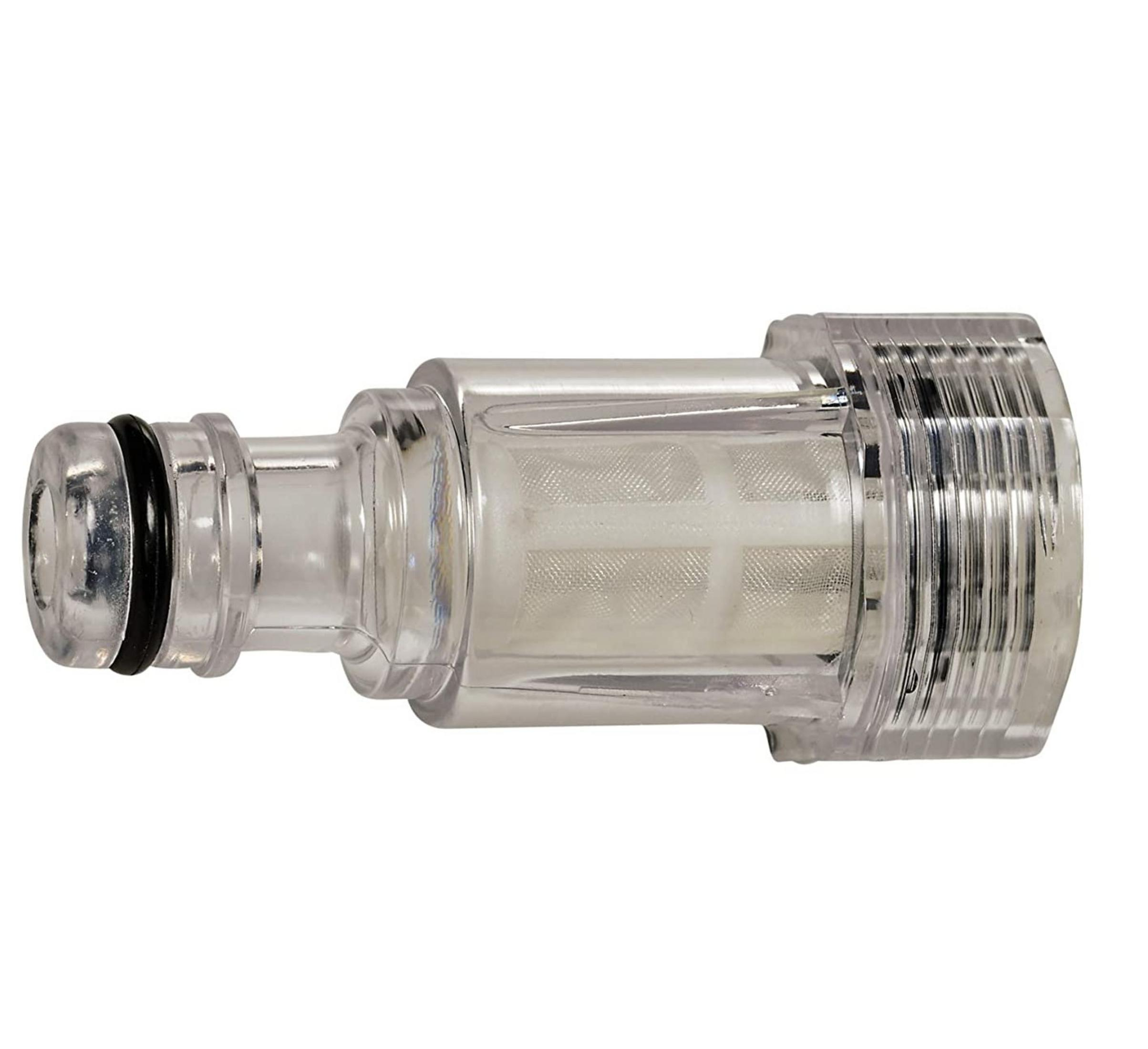 Ein transparenter Wasserfilter mit einem Siebeinsatz und schwarzen Dichtungsringen.