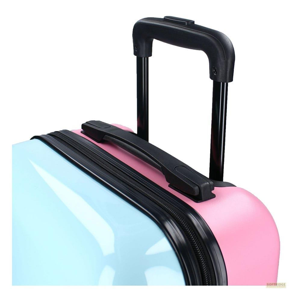 Nahaufnahme eines blauen und rosa Koffers mit ausziehbarem Griff.
