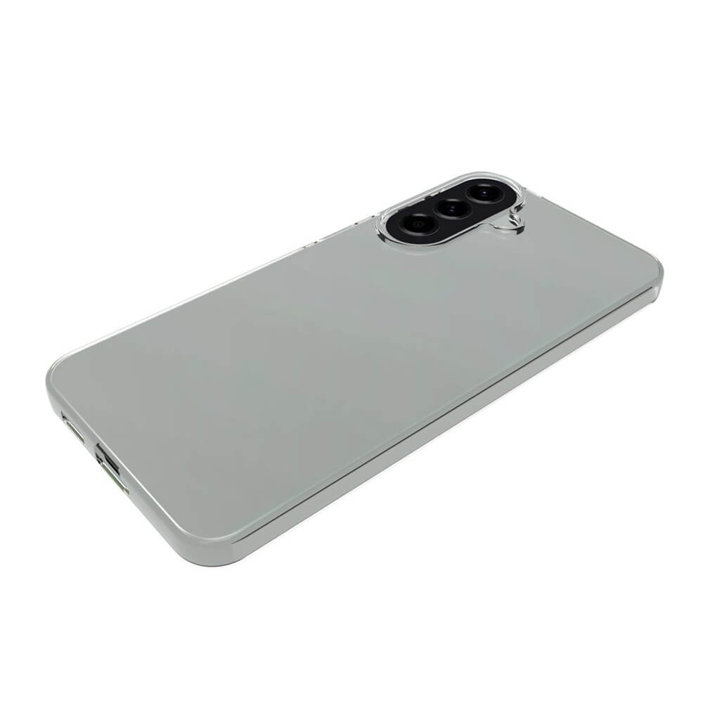 Ein graues Smartphone mit drei Kameralinsen auf der Rückseite, auf weißem Hintergrund.