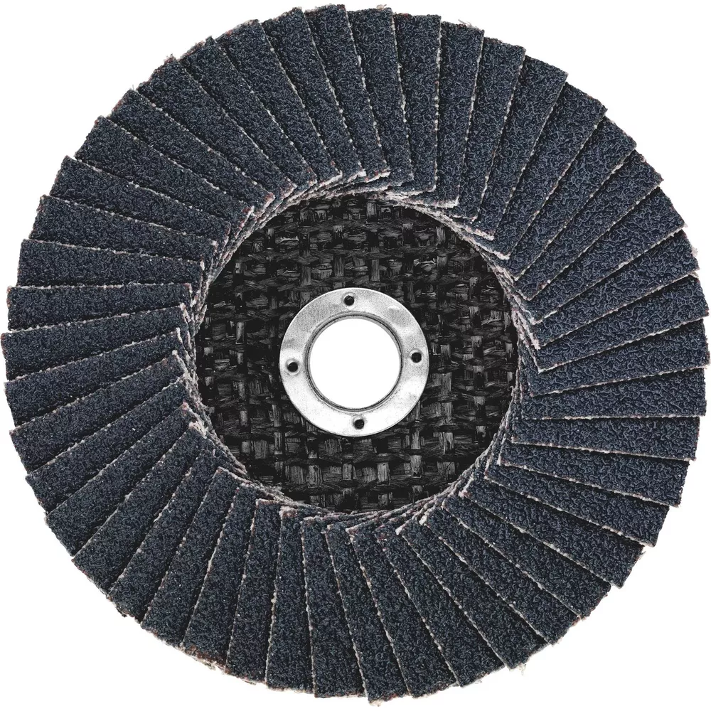 Schwarze Schleifscheibe mit zentralem Metallring und vier Schraubenlöchern.